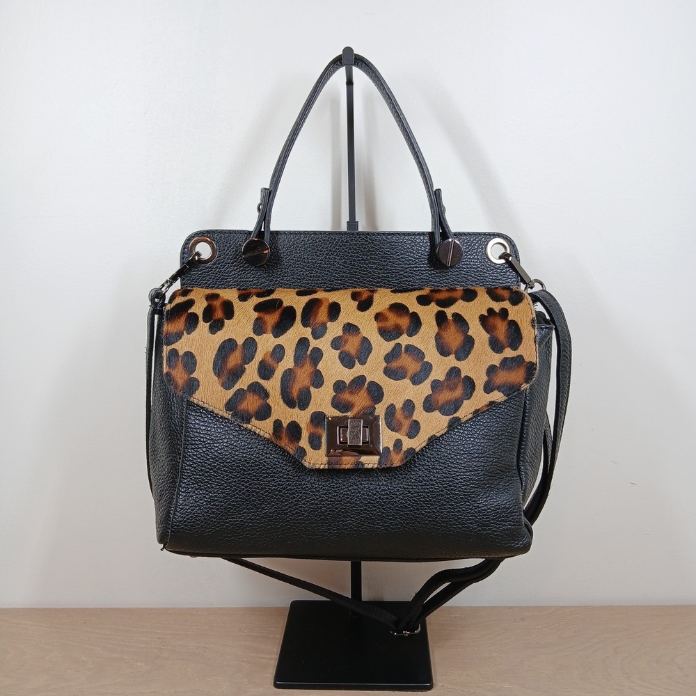 Luana Ferracuti Leopard Calf Hair Leather Satchel Crossbody Black Turn Lock